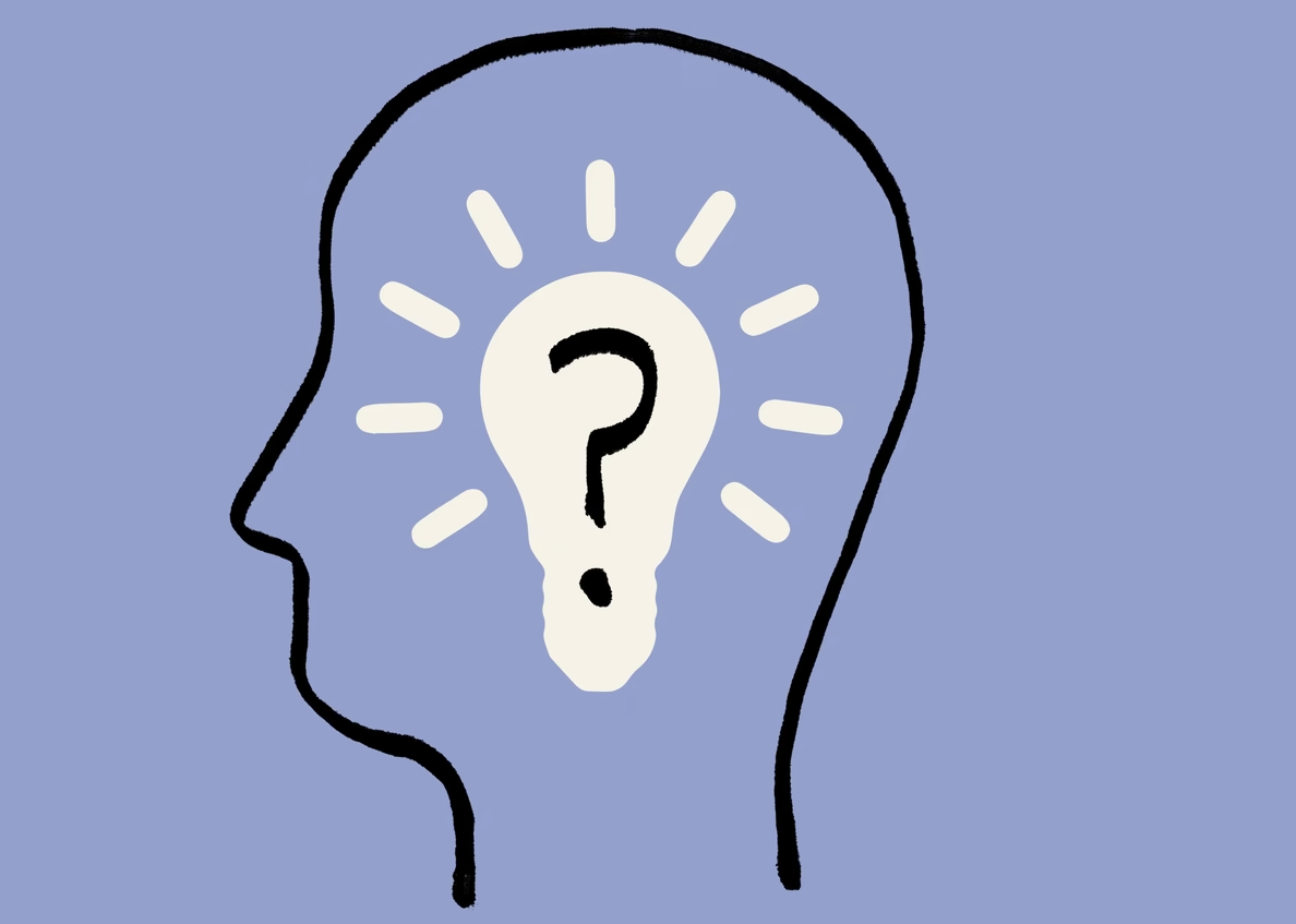 Outline of a head containing a light bulb with a question mark, on a lavender background.