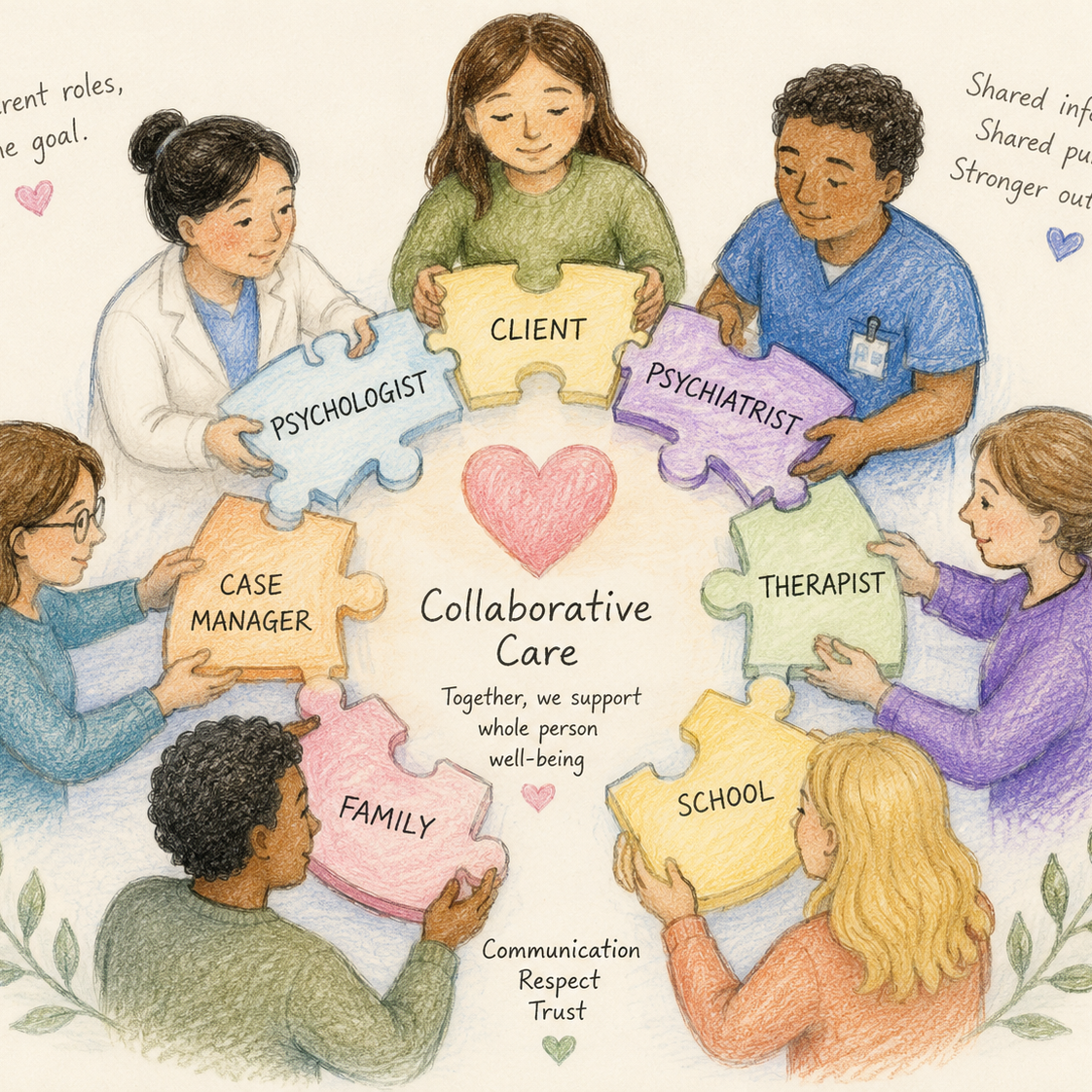 Collaborative Care illustration: a client, psychologist, psychiatrist, therapist, school, family, and case manager hold puzzle pieces around a heart.